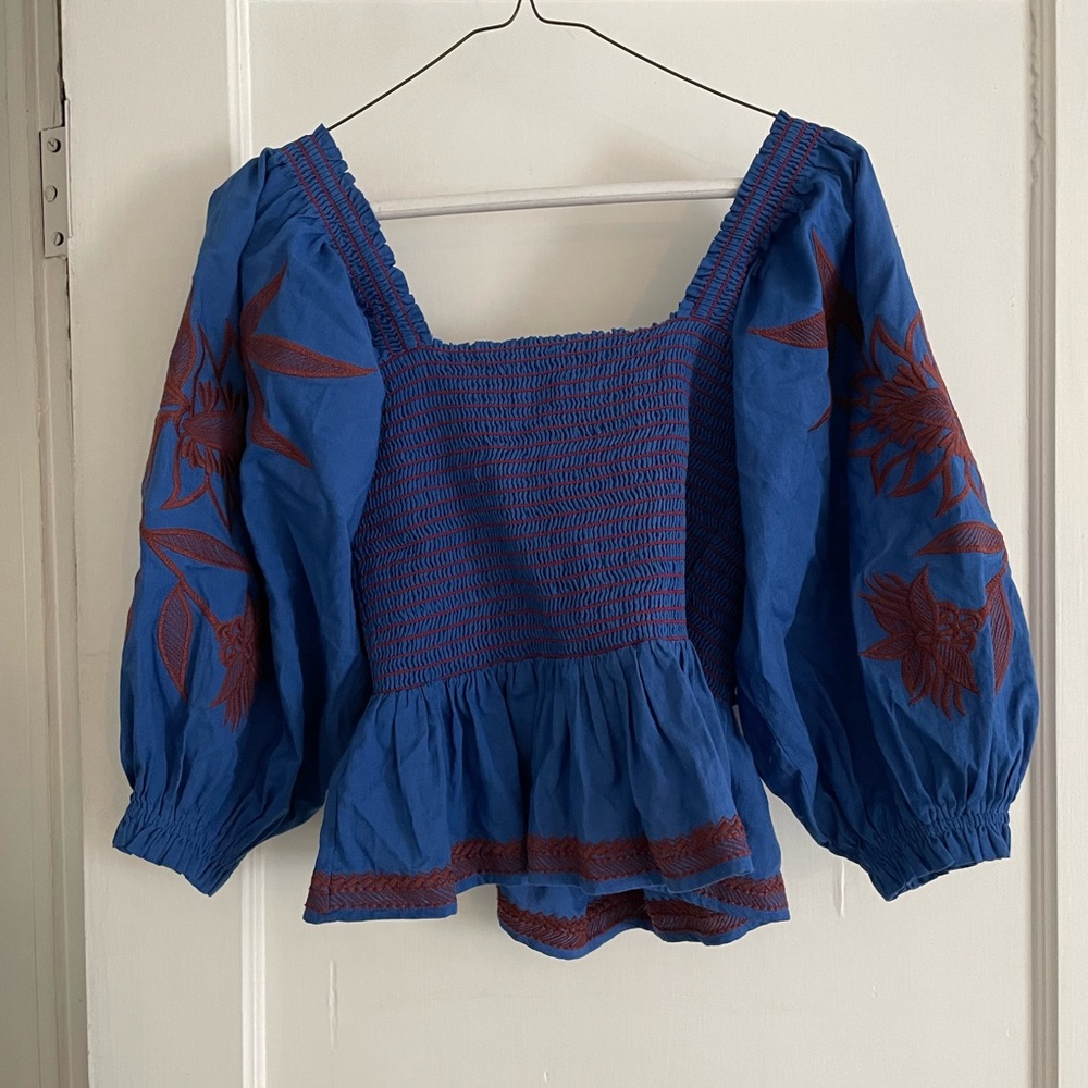 EUC Omika royal blue smocked top, red floral detail, tie back size S